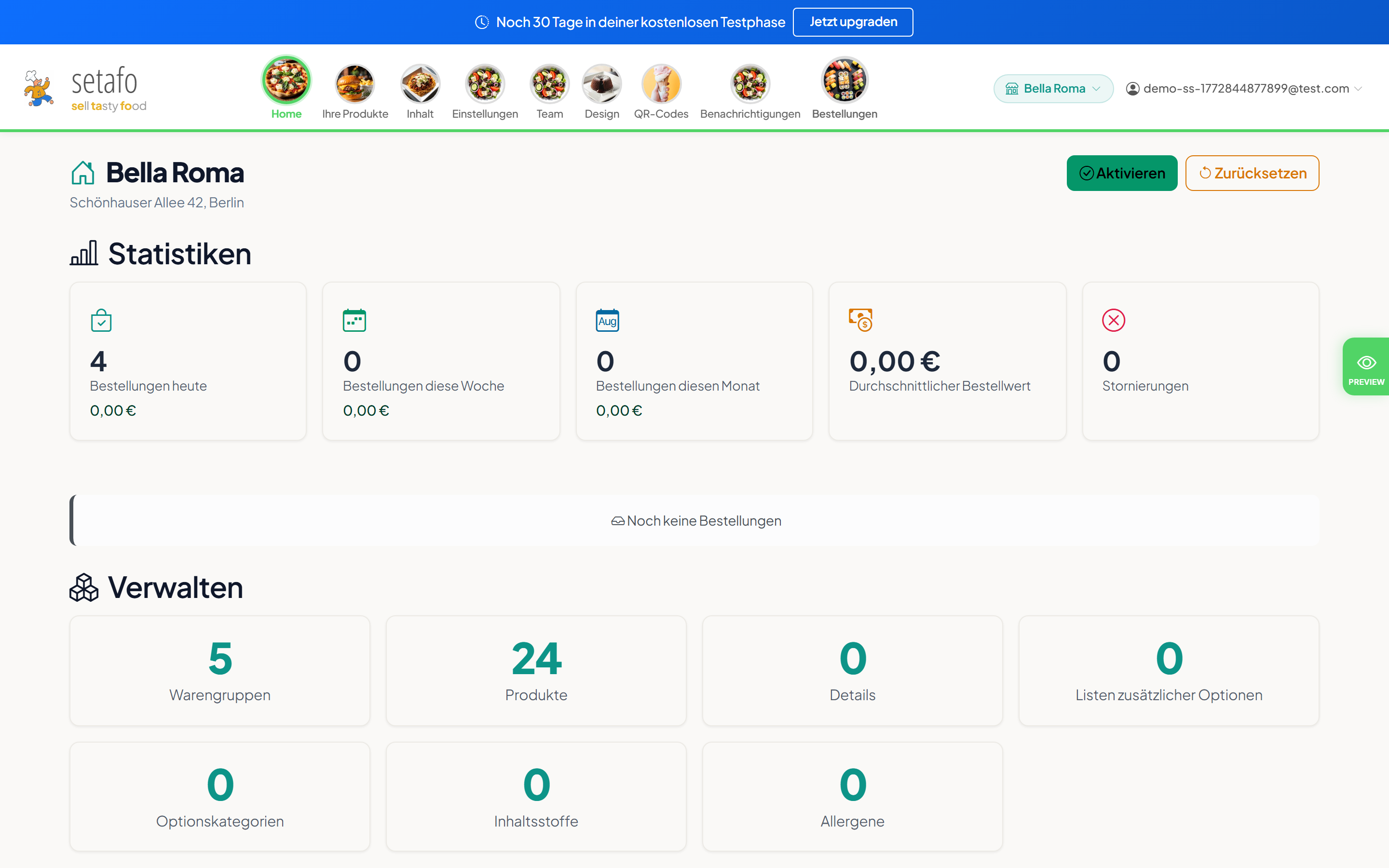 SeTaFo Echtzeit-Dashboard mit Bestellstatistiken